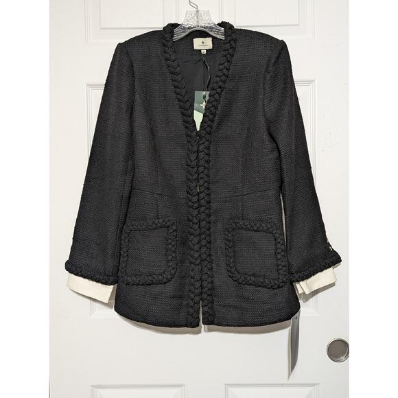 Tuckernuck Shay Jacket, Medium, Black Tweed Collarless Braided Trim Blazer New - Picture 7 of 14